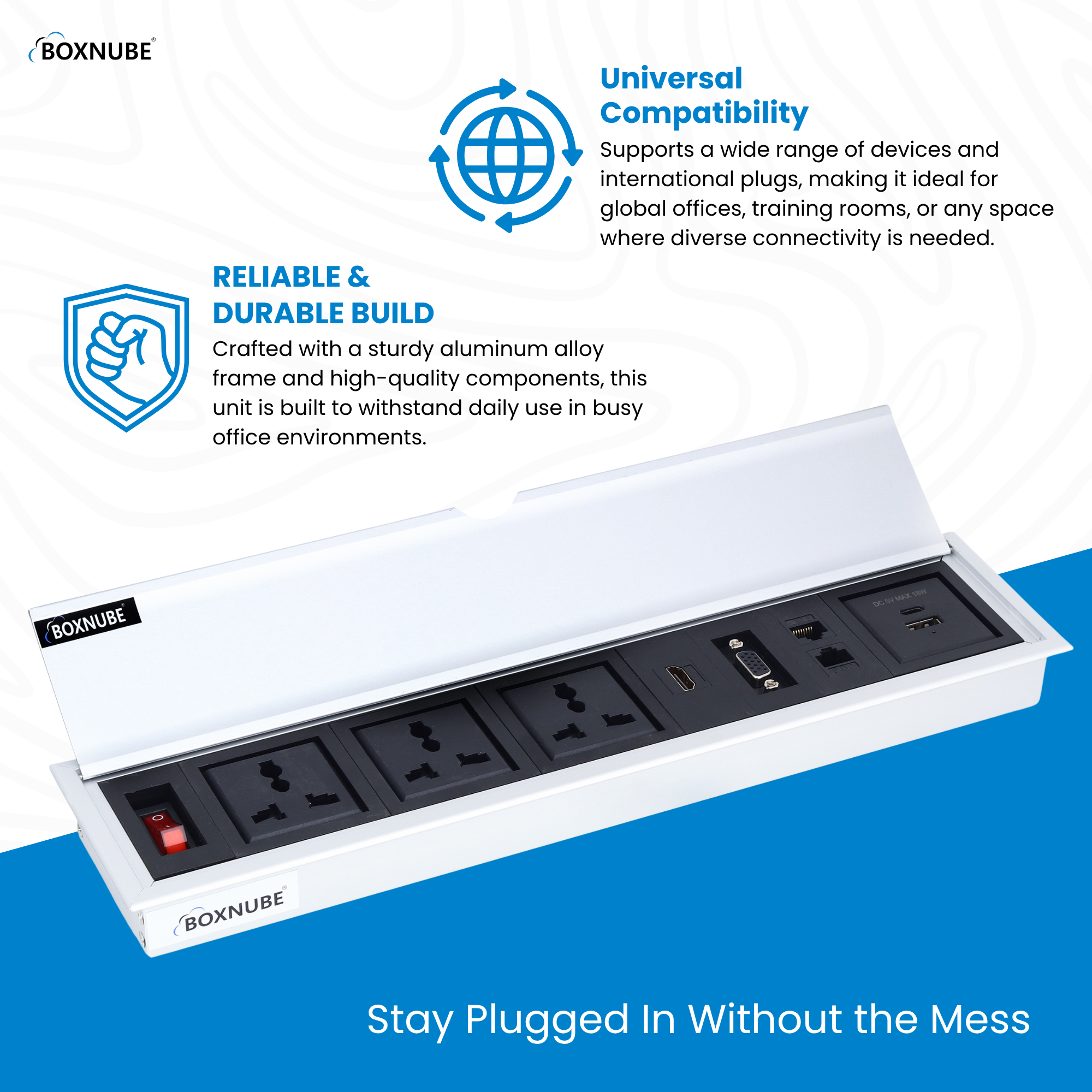BOXNUBE Fliptop Box Cable Cubby Extension Board with On/Off Switch, Universal Power Sockets, LAN , HDMI , VGA , USB-A & USB-C Type C Ports BOXNUBE Fliptop Box Cable Cubby Extension Board with On/Off Switch, Universal Power Sockets, LAN , HDMI , VGA , USB-A & USB-C Type C Ports